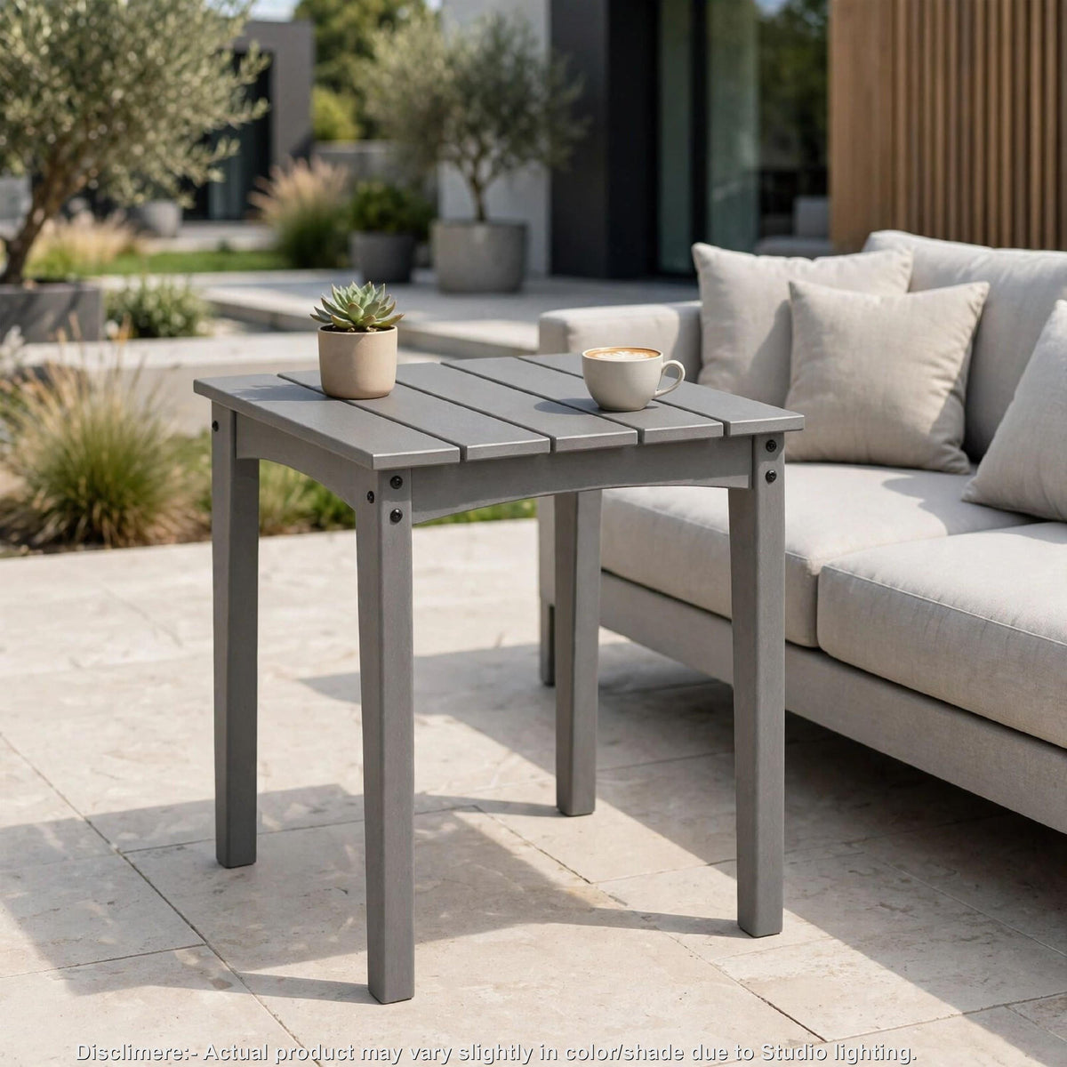 Covi Outdoor Side End Table, Slatted Square Top, Gray HDPE, 23 Inch-BM355652