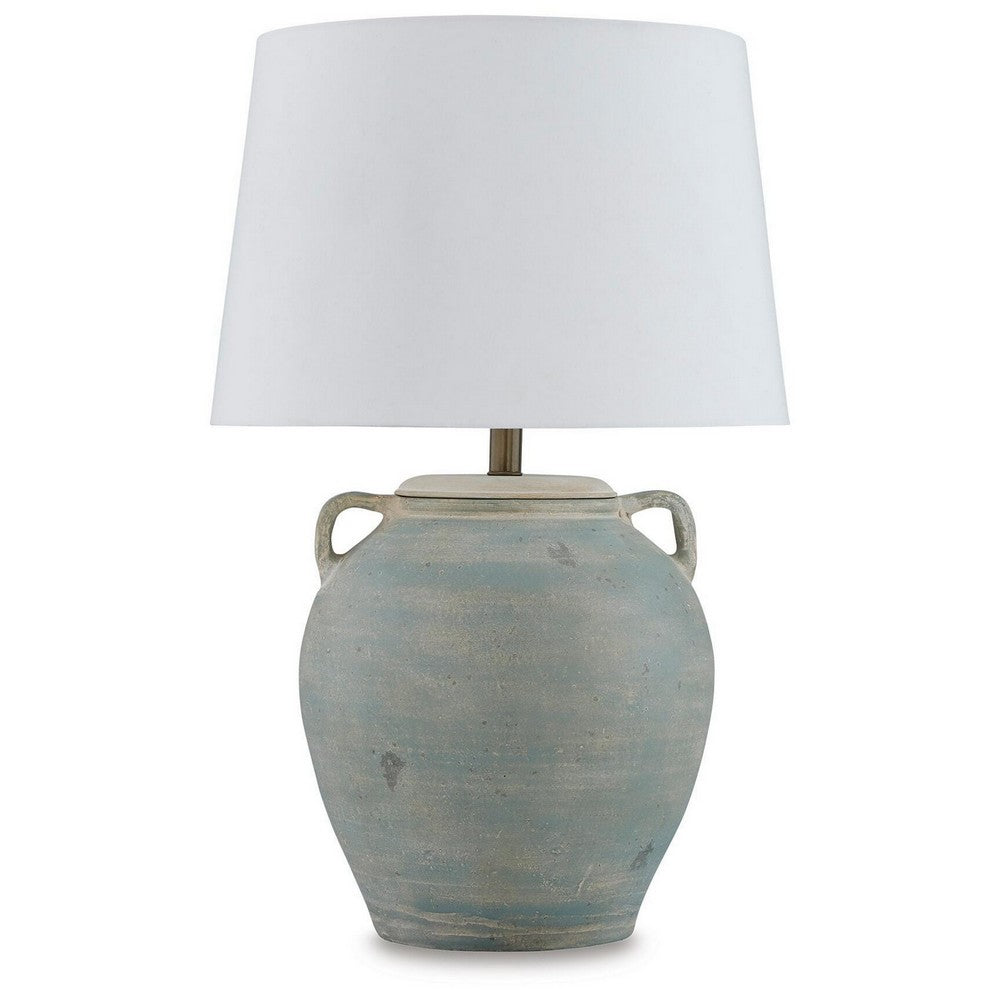 Fesa Table Lamp, Antiqued Green Terracotta, White Drum Shade, 29 Inch-BM355653