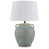 Fesa Table Lamp, Antiqued Green Terracotta, White Drum Shade, 29 Inch-BM355653