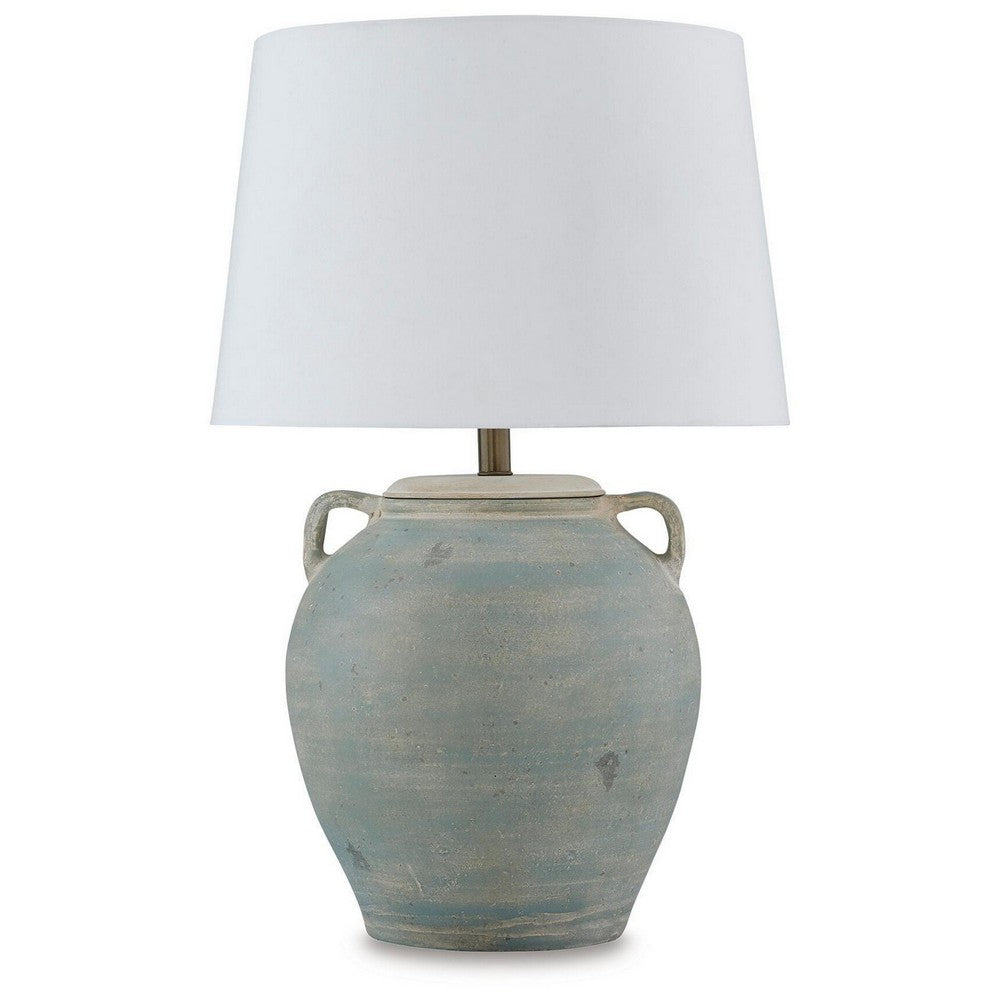 Fesa Table Lamp, Antiqued Green Terracotta, White Drum Shade, 29 Inch-BM355653