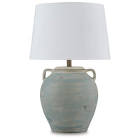 Fesa Table Lamp, Antiqued Green Terracotta, White Drum Shade, 29 Inch-BM355653