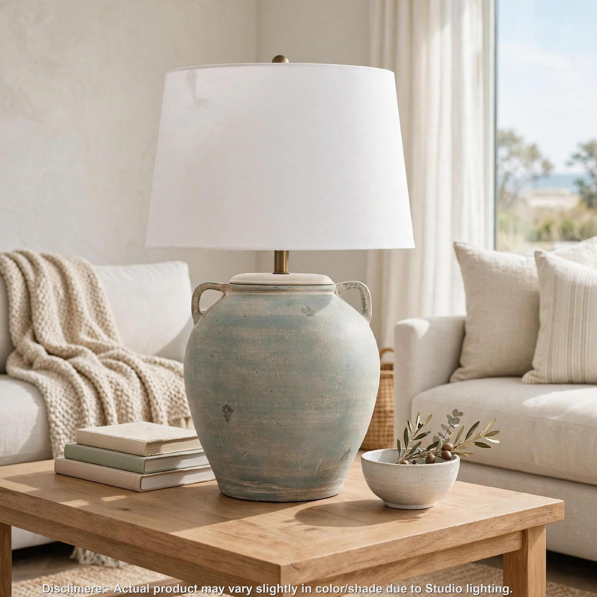 Fesa Table Lamp, Antiqued Green Terracotta, White Drum Shade, 29 Inch-BM355653