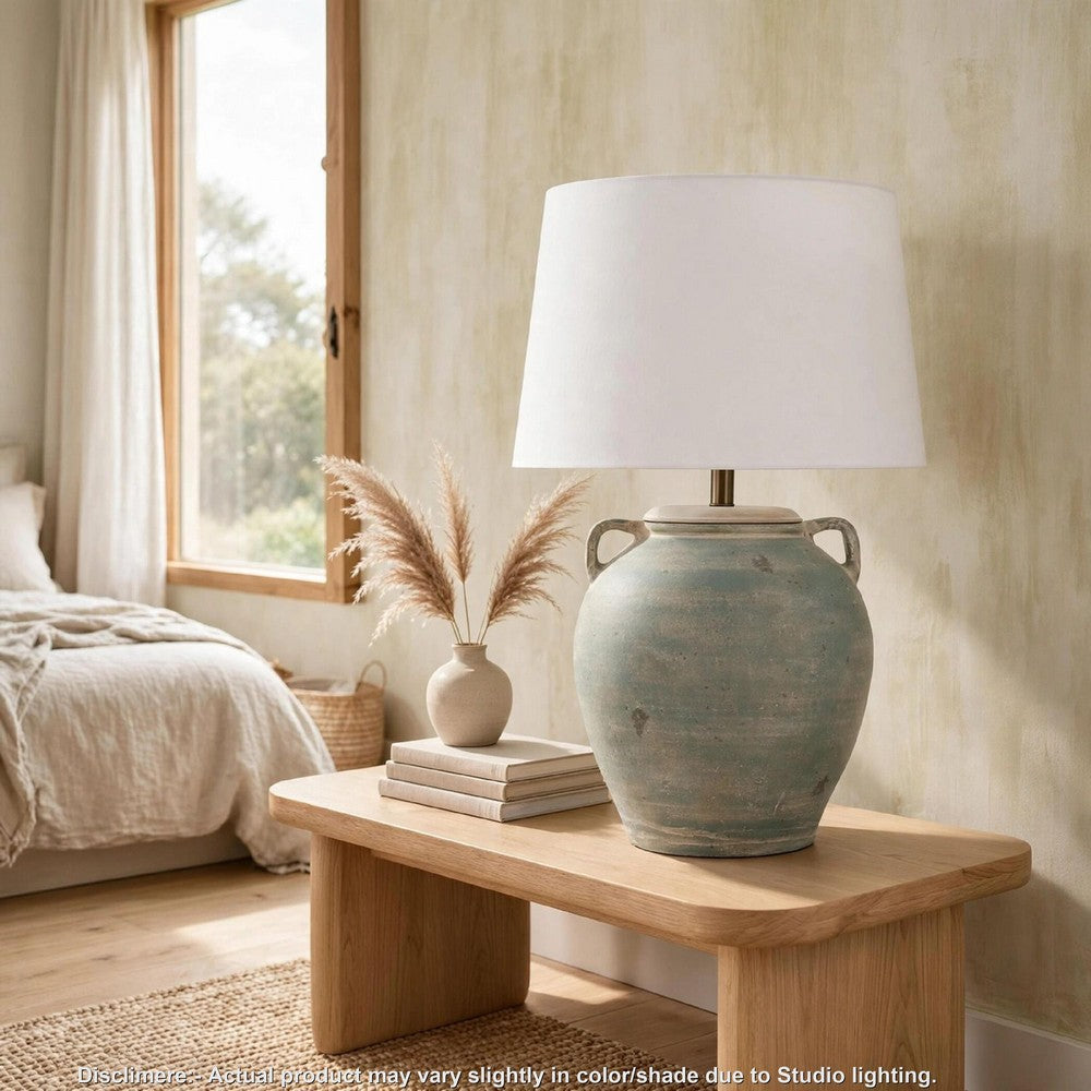 Fesa Table Lamp, Antiqued Green Terracotta, White Drum Shade, 29 Inch-BM355653