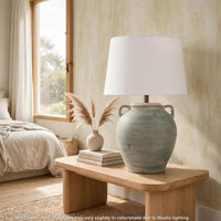 Fesa Table Lamp, Antiqued Green Terracotta, White Drum Shade, 29 Inch-BM355653