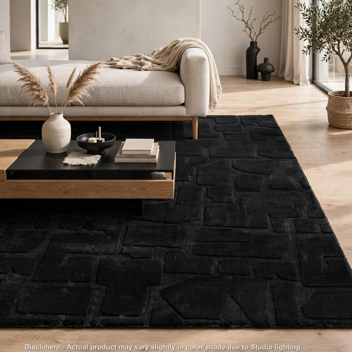 Giya Medium Area Rug, Abstract Black, 8mm Pile, Polyester Faux Fur, 5x7-BM355655