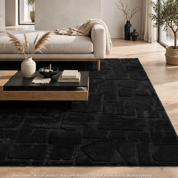 Giya Medium Area Rug, Abstract Black, 8mm Pile, Polyester Faux Fur, 5x7-BM355655