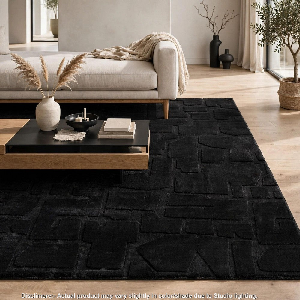 Giya Medium Area Rug, Abstract Black, 8mm Pile, Polyester Faux Fur, 5x7-BM355655
