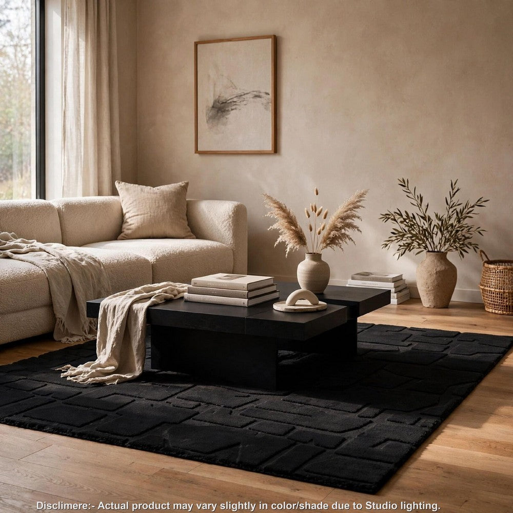 Giya Medium Area Rug, Abstract Black, 8mm Pile, Polyester Faux Fur, 5x7-BM355655