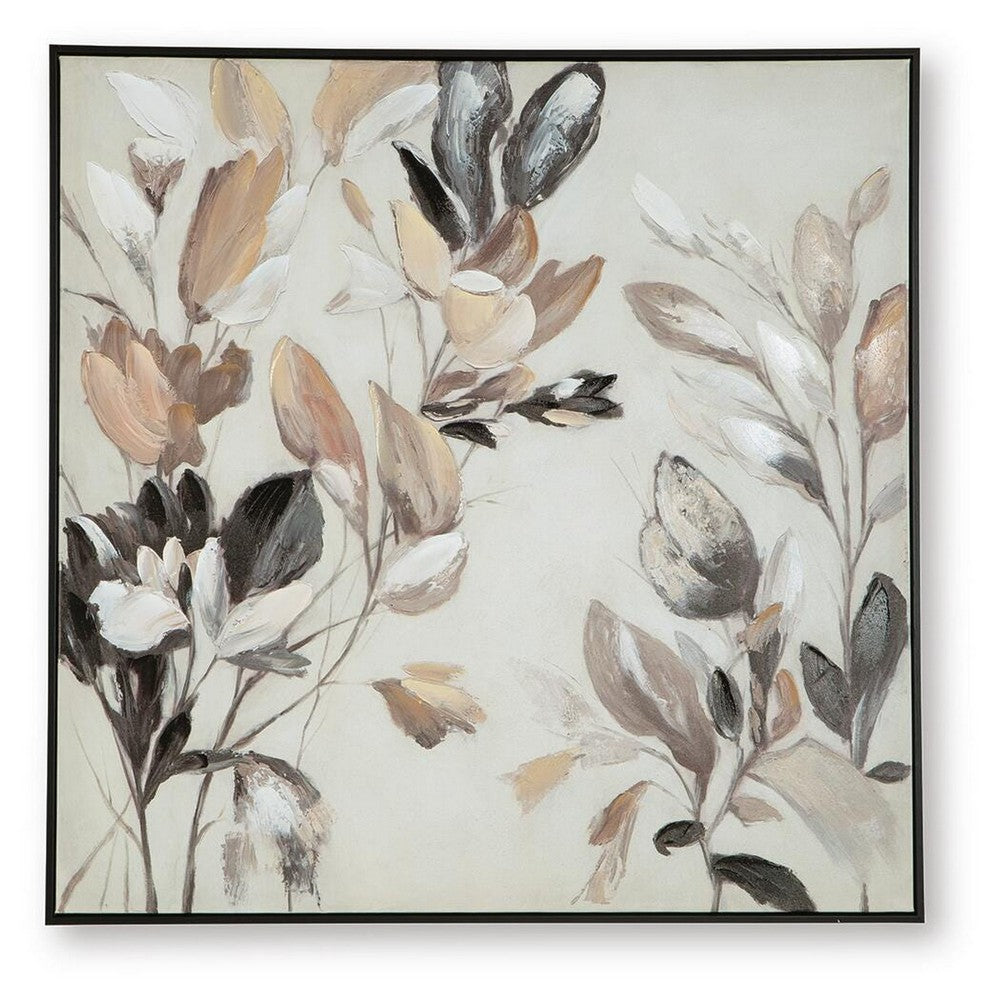 Repy Wall Art Painting, Botanical Floral Tan Brown, Black Frame, 40x40 - BM355658