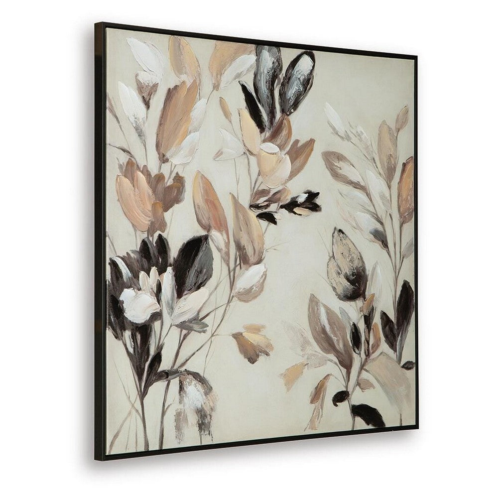 Repy Wall Art Painting, Botanical Floral Tan Brown, Black Frame, 40x40 - BM355658