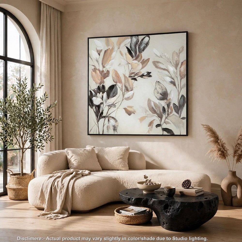 Repy Wall Art Painting, Botanical Floral Tan Brown, Black Frame, 40x40 - BM355658