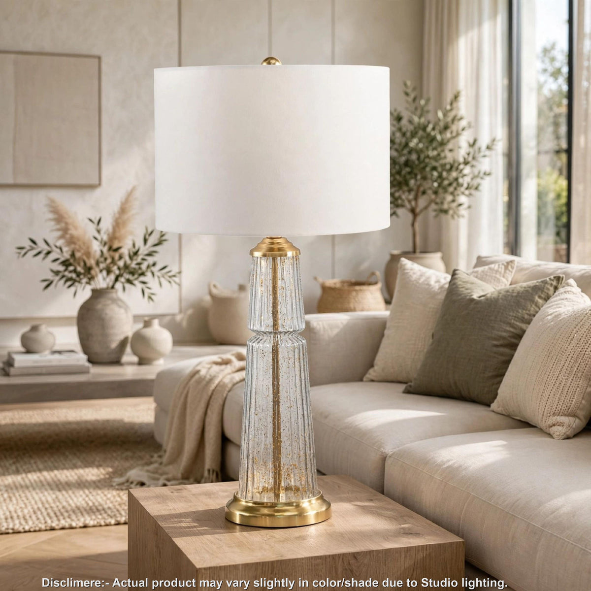 Bepy Table Lamp, Fluted Glass Gold Tone Flecks, White Drum Shade, 34 Inch-BM355659