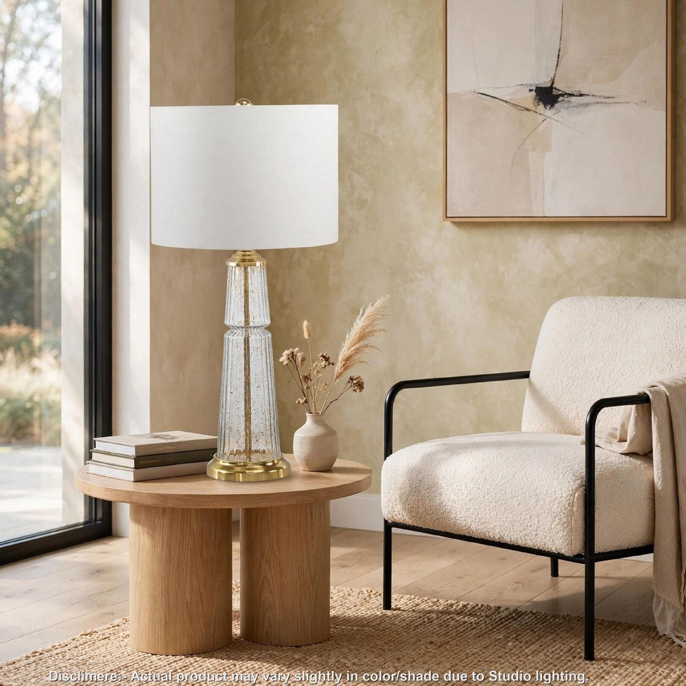 Bepy Table Lamp, Fluted Glass Gold Tone Flecks, White Drum Shade, 34 Inch-BM355659