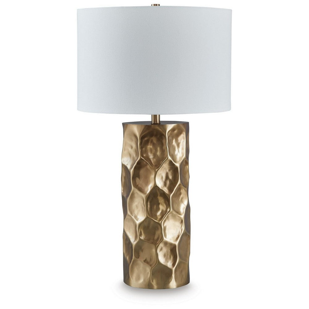 Mepy Table Lamp, Gold Metal Hammered Base, White Drum Shade, 34 Inch-BM355660