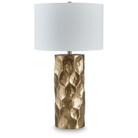 Mepy Table Lamp, Gold Metal Hammered Base, White Drum Shade, 34 Inch-BM355660