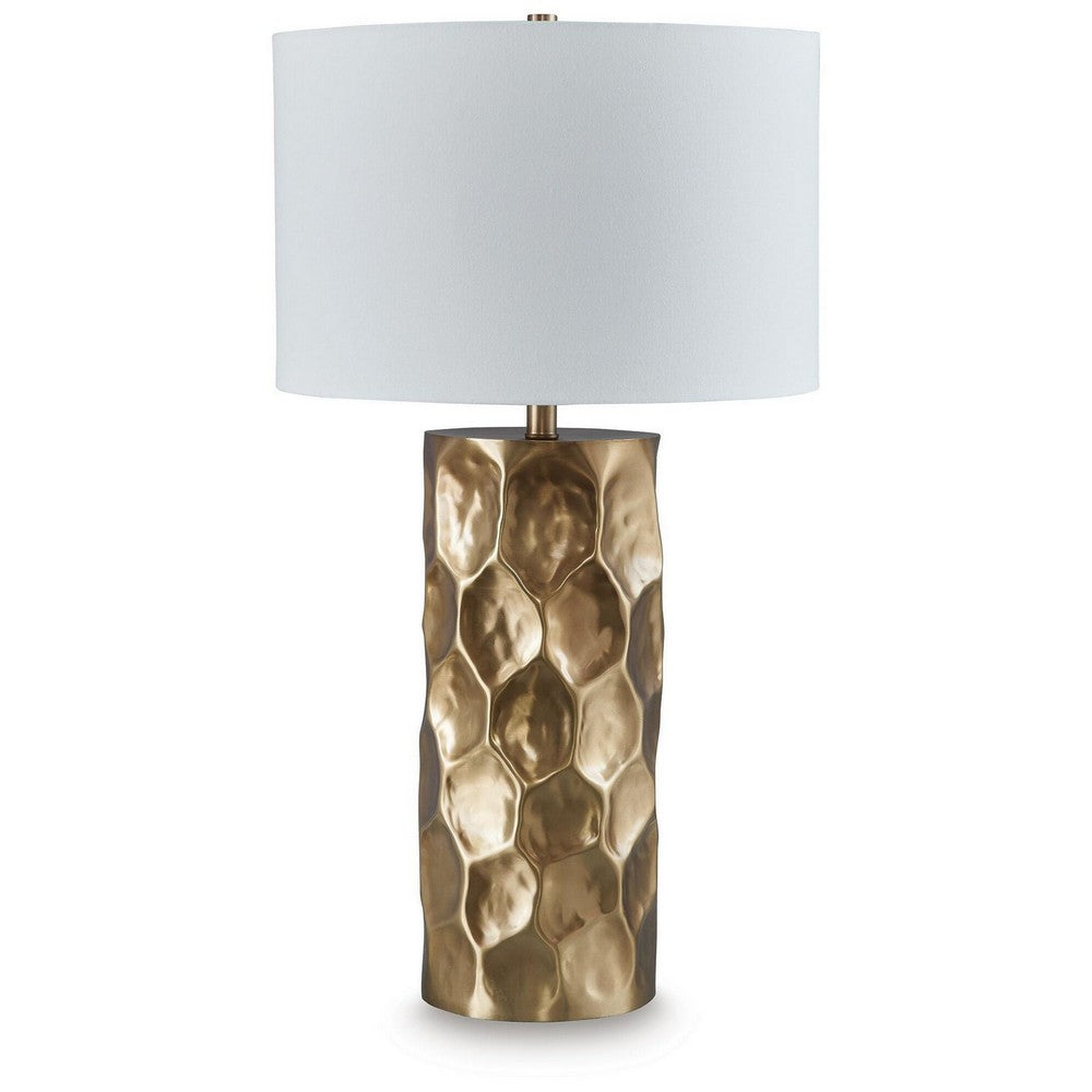 Mepy Table Lamp, Gold Metal Hammered Base, White Drum Shade, 34 Inch-BM355660