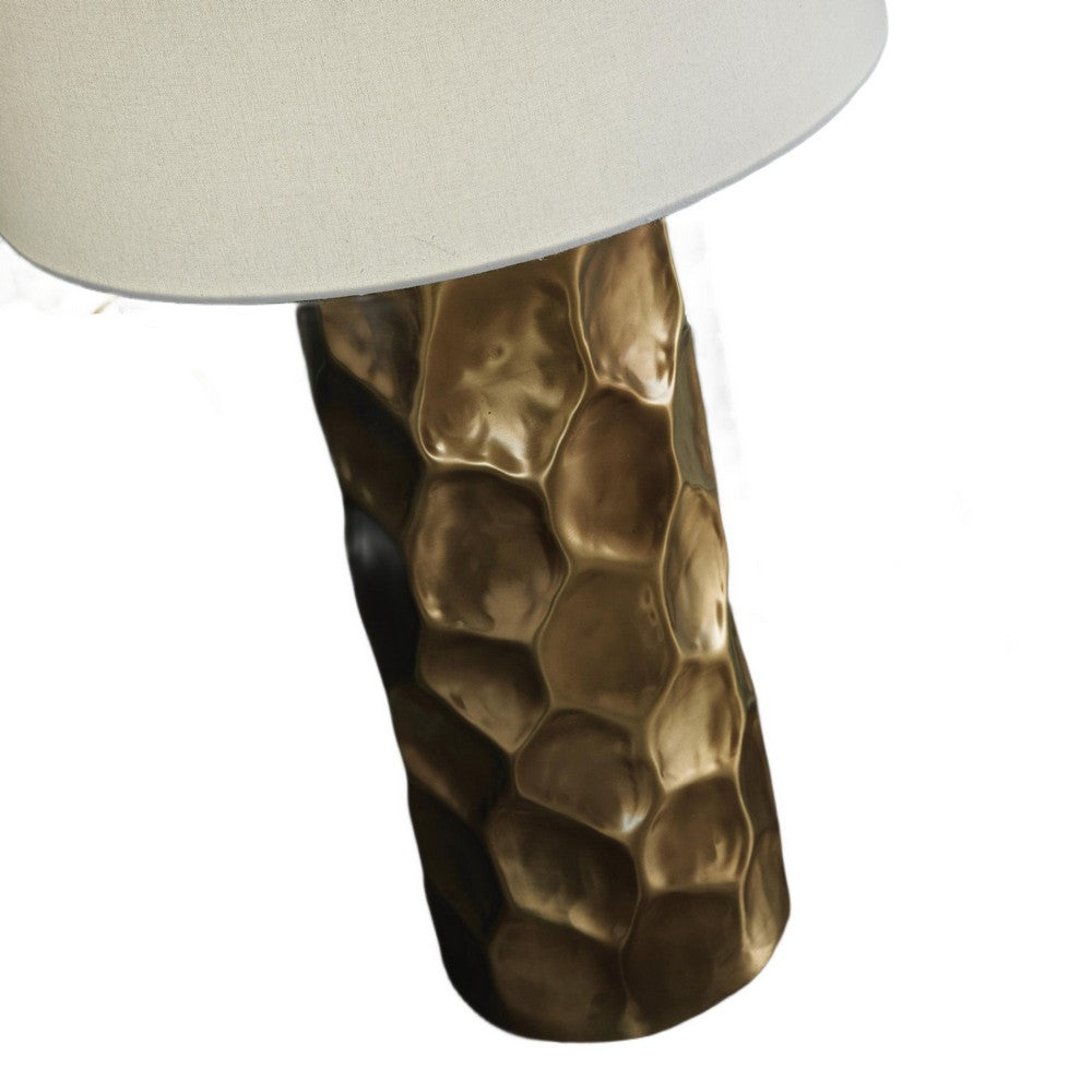 Mepy Table Lamp, Gold Metal Hammered Base, White Drum Shade, 34 Inch-BM355660