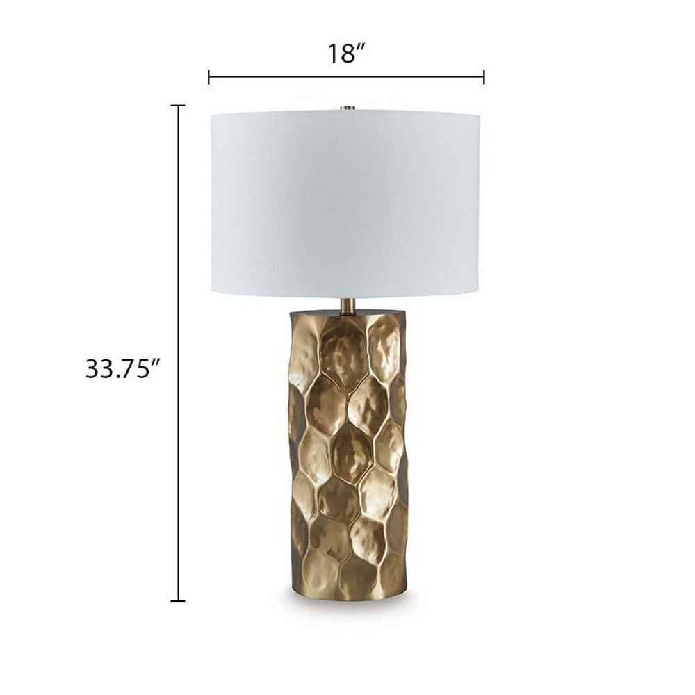 Mepy Table Lamp, Gold Metal Hammered Base, White Drum Shade, 34 Inch-BM355660