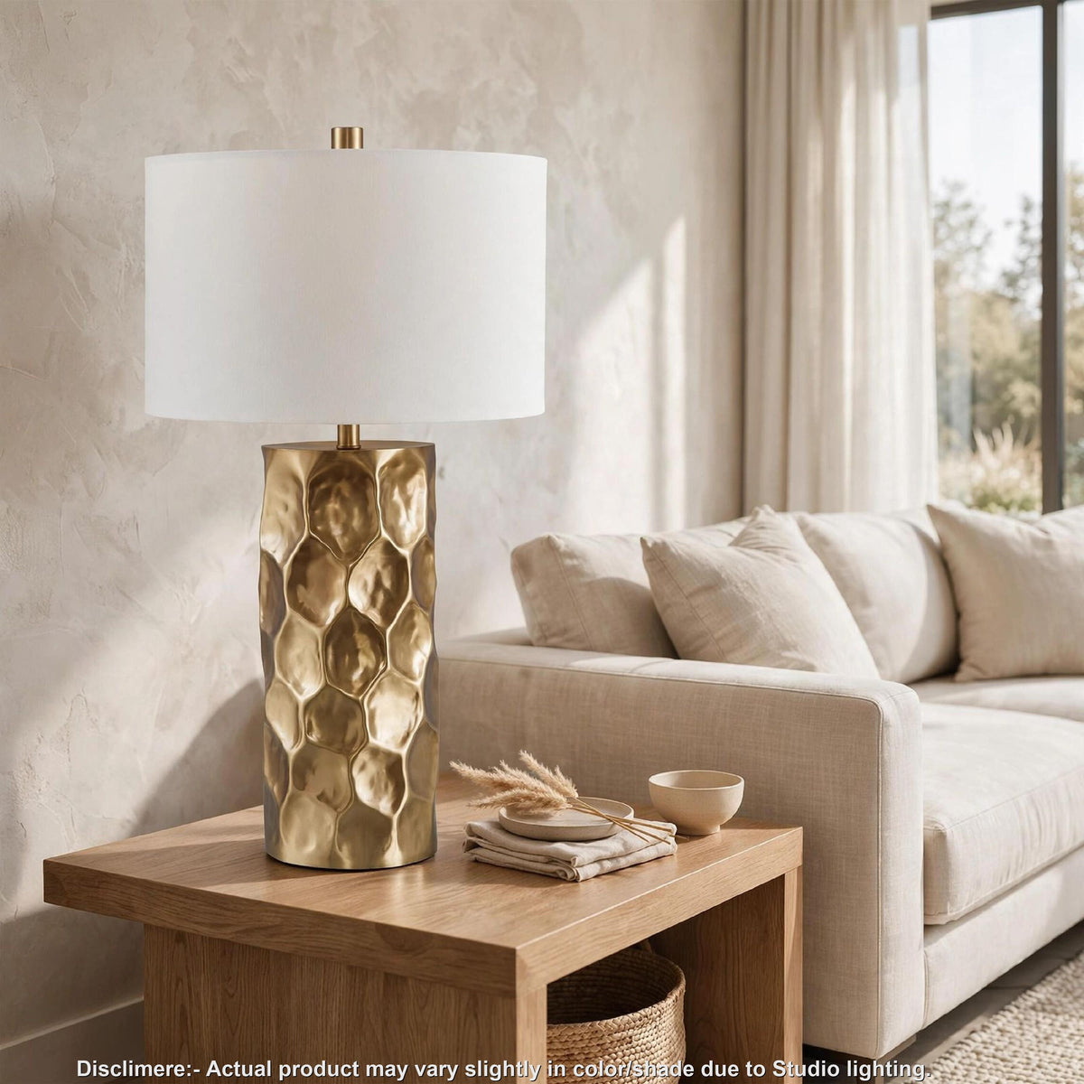 Mepy Table Lamp, Gold Metal Hammered Base, White Drum Shade, 34 Inch-BM355660