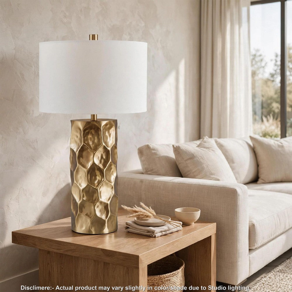 Mepy Table Lamp, Gold Metal Hammered Base, White Drum Shade, 34 Inch-BM355660