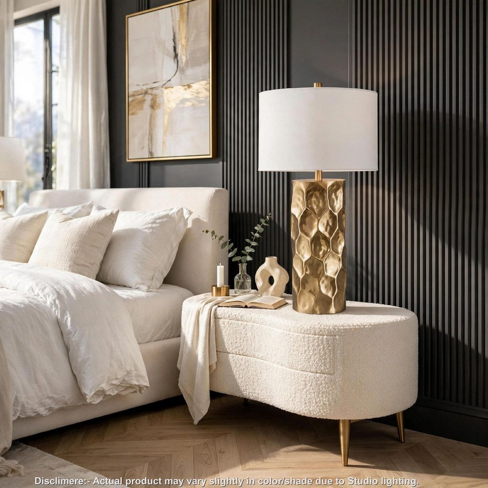 Mepy Table Lamp, Gold Metal Hammered Base, White Drum Shade, 34 Inch-BM355660