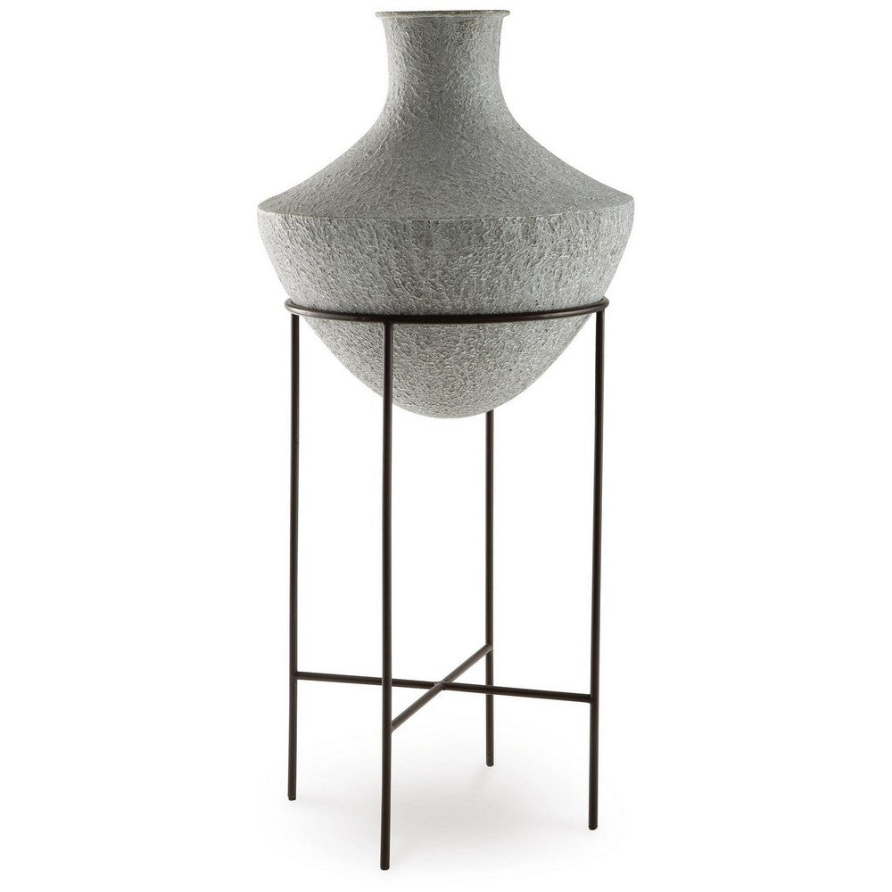 Esta Pottery Style Vase w Stand, Distressed Cream, Espresso Brown 35 Inch - BM355661