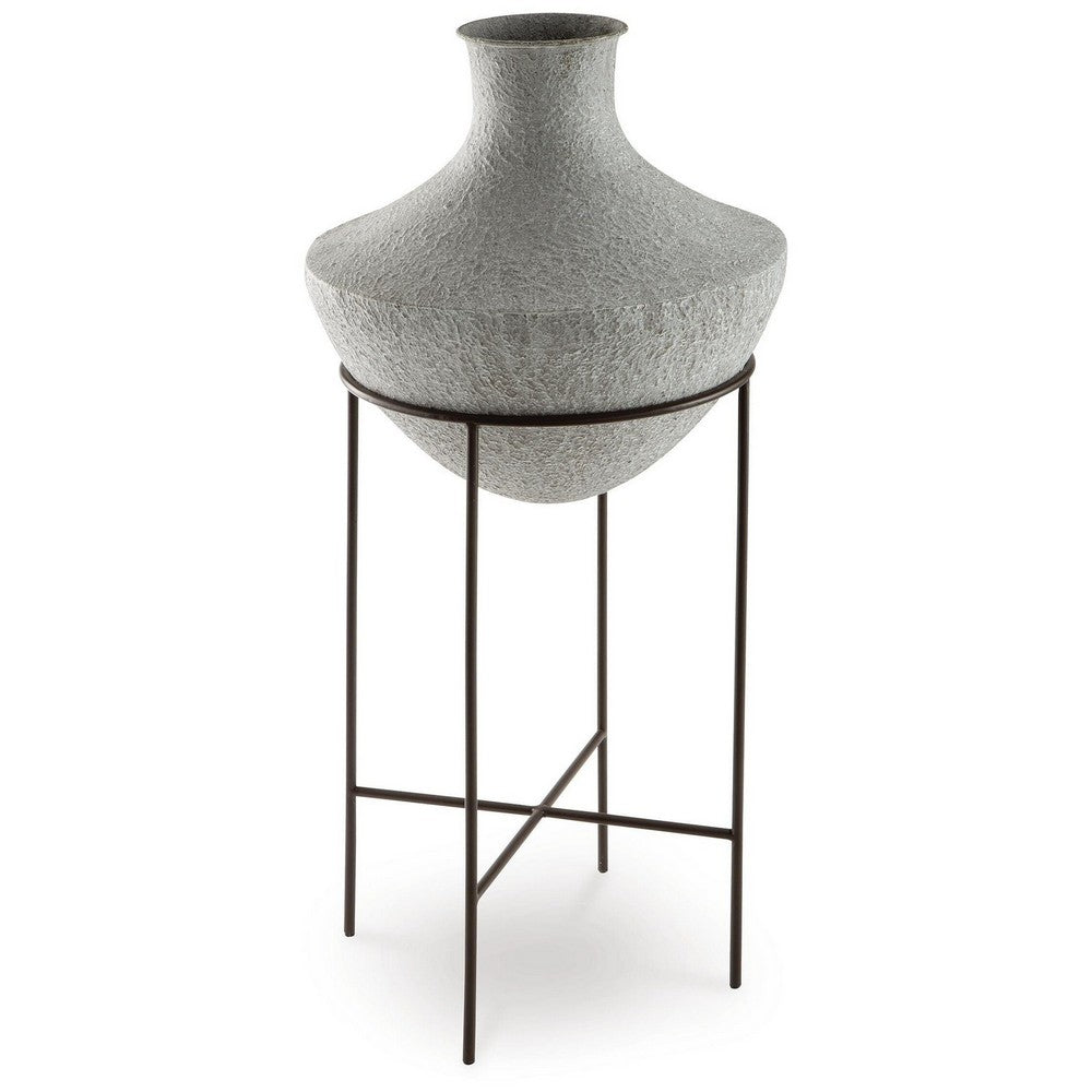 Esta Pottery Style Vase w Stand, Distressed Cream, Espresso Brown 35 Inch - BM355661