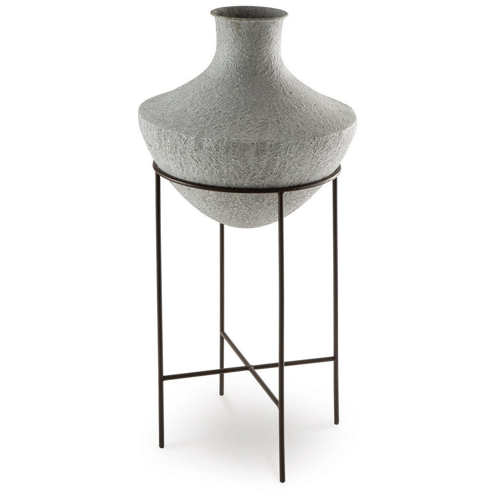 Esta Pottery Style Vase w Stand, Distressed Cream, Espresso Brown 35 Inch - BM355661