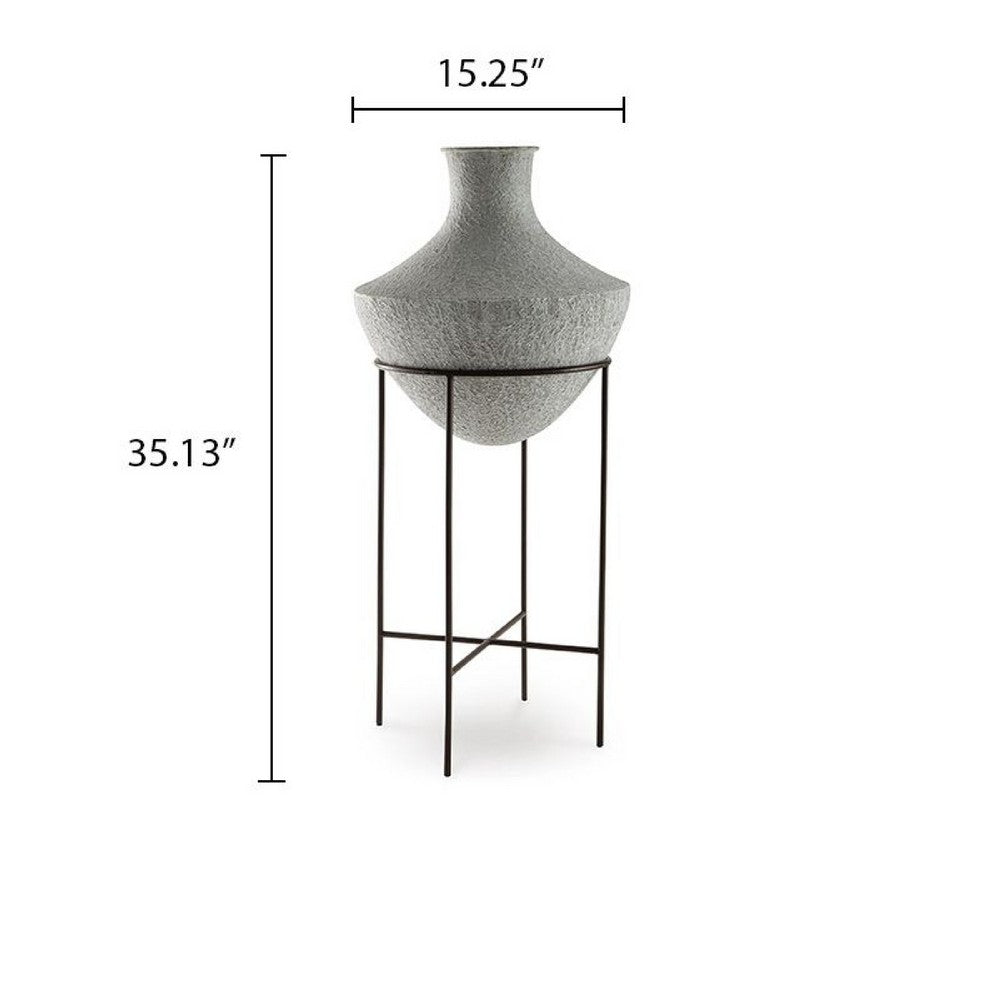 Esta Pottery Style Vase w Stand, Distressed Cream, Espresso Brown 35 Inch - BM355661