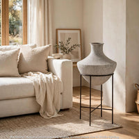 Esta Pottery Style Vase w Stand, Distressed Cream, Espresso Brown 35 Inch - BM355661