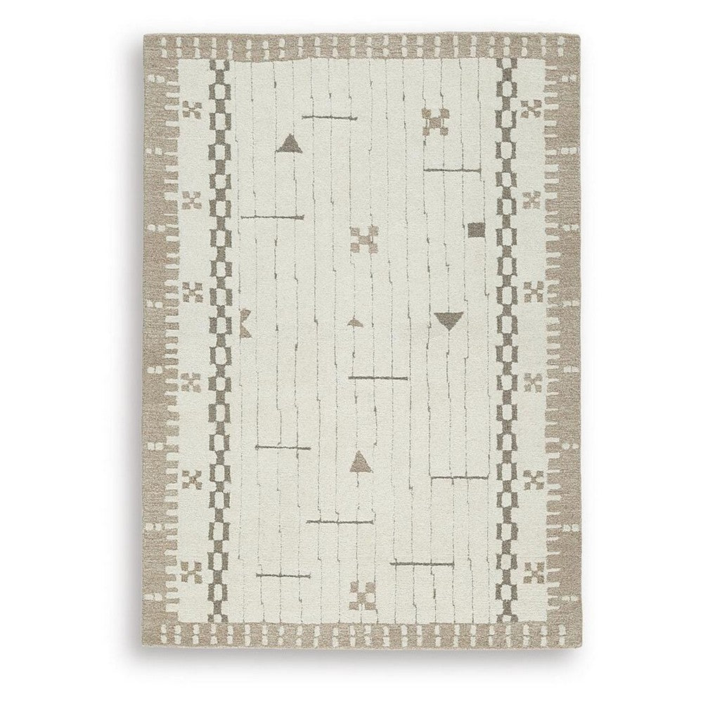 Dotty Medium Area Rug, Taupe Geometric Border Design, Cream Wool 5 x 7-BM355667