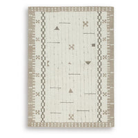 Dotty Medium Area Rug, Taupe Geometric Border Design, Cream Wool 5 x 7-BM355667