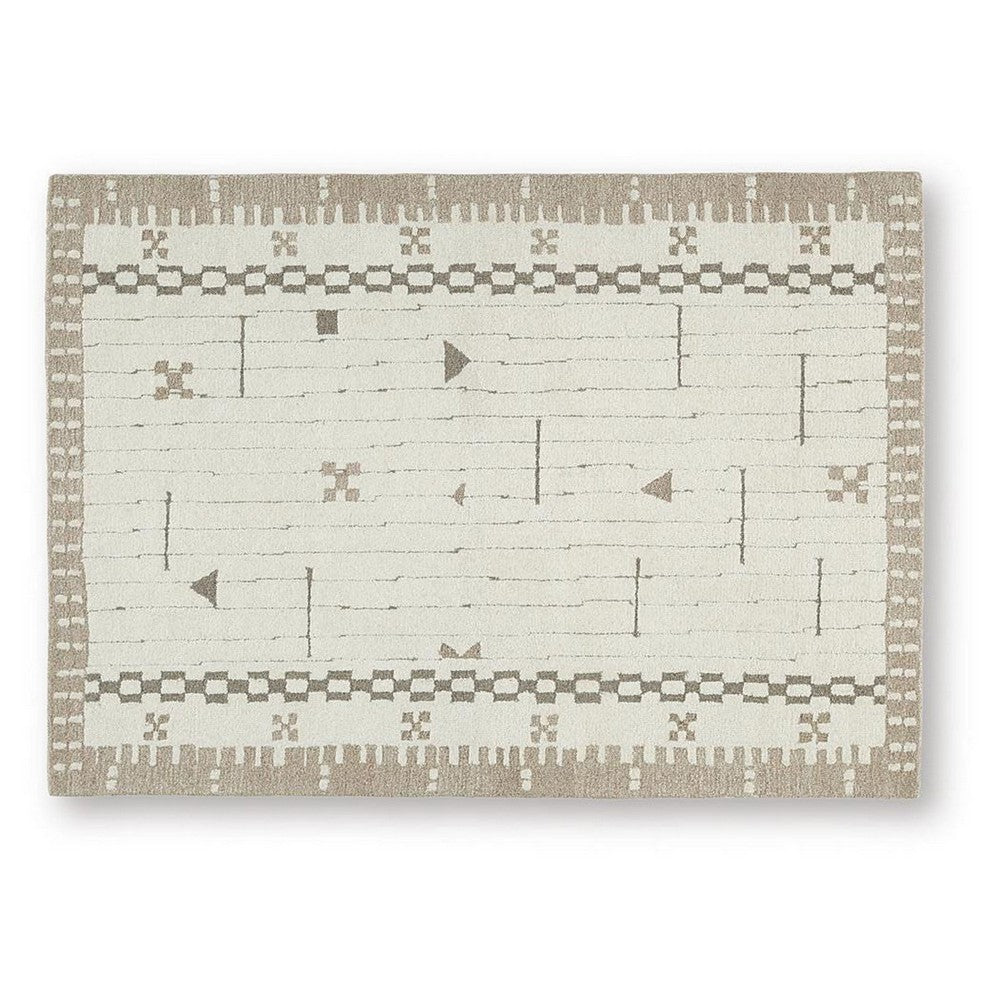 Dotty Medium Area Rug, Taupe Geometric Border Design, Cream Wool 5 x 7-BM355667