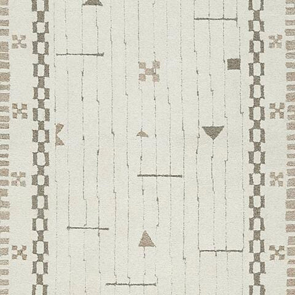 Dotty Medium Area Rug, Taupe Geometric Border Design, Cream Wool 5 x 7-BM355667