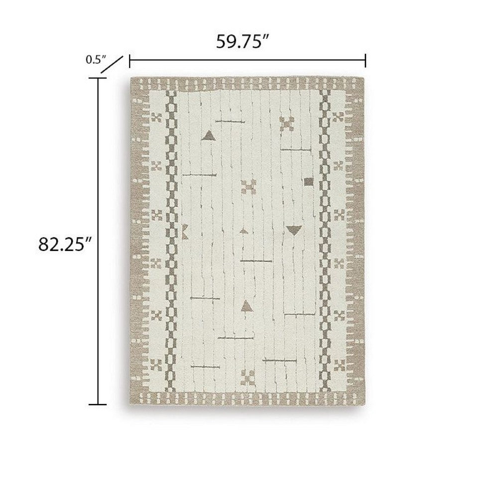 Dotty Medium Area Rug, Taupe Geometric Border Design, Cream Wool 5 x 7-BM355667