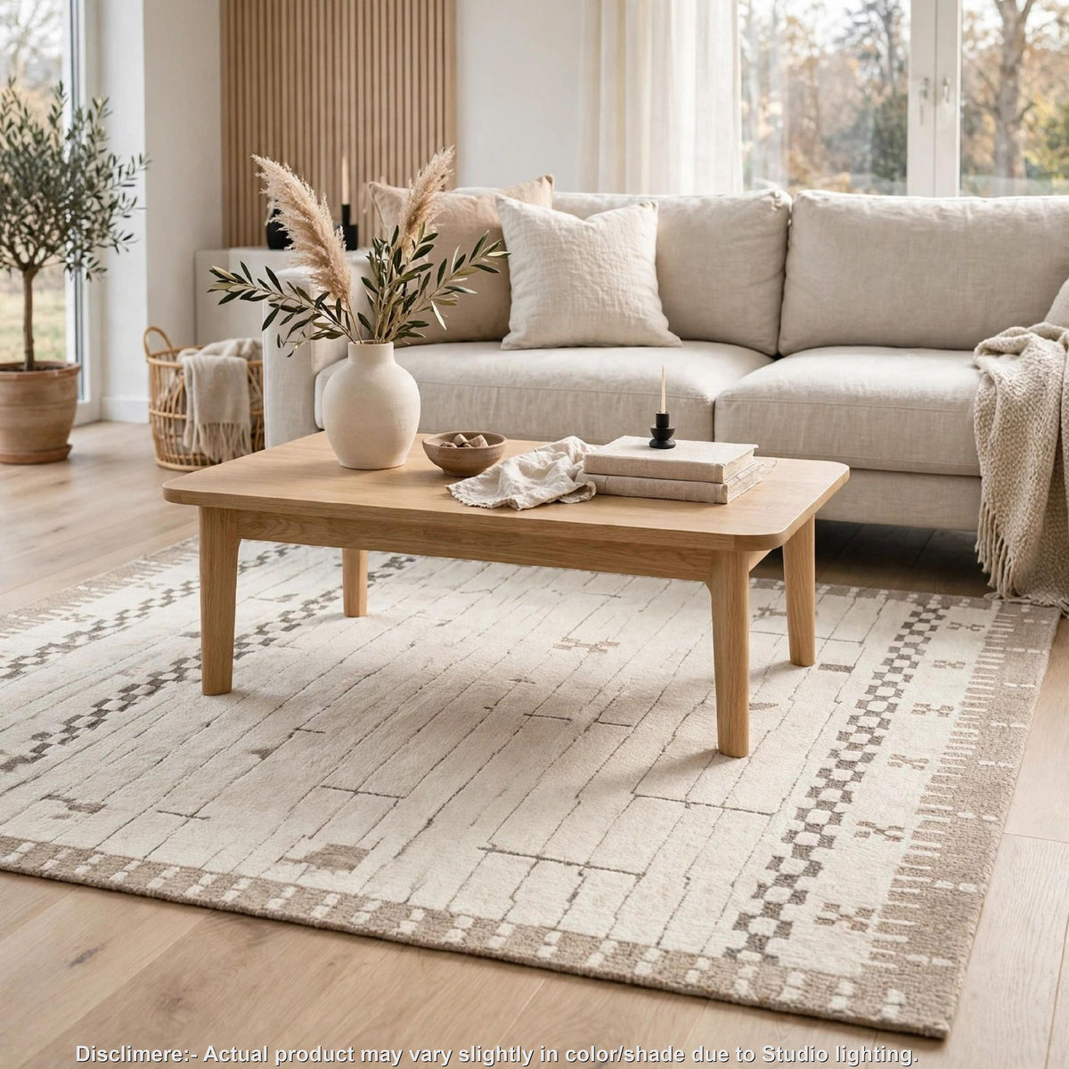Dotty Medium Area Rug, Taupe Geometric Border Design, Cream Wool 5 x 7-BM355667