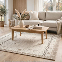 Dotty Medium Area Rug, Taupe Geometric Border Design, Cream Wool 5 x 7-BM355667