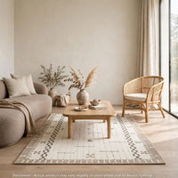 Dotty Medium Area Rug, Taupe Geometric Border Design, Cream Wool 5 x 7-BM355667