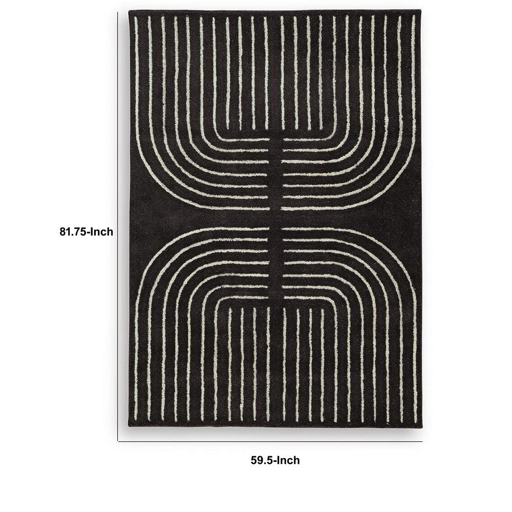 Edon Medium Area Rug with Ivory Geometric Design, Black Tufted Wool 5x7