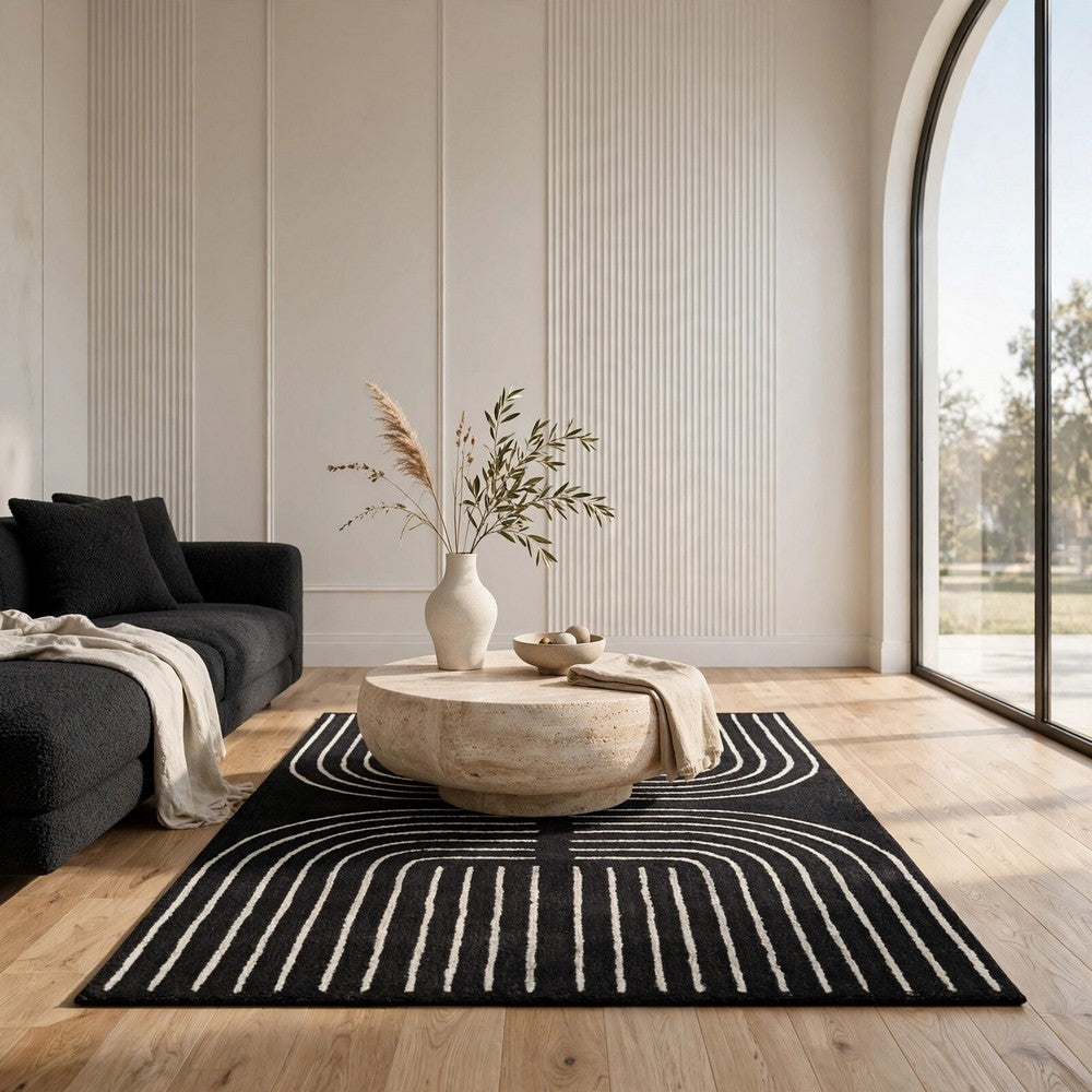 Edon Medium Area Rug with Ivory Geometric Design, Black Tufted Wool 5x7