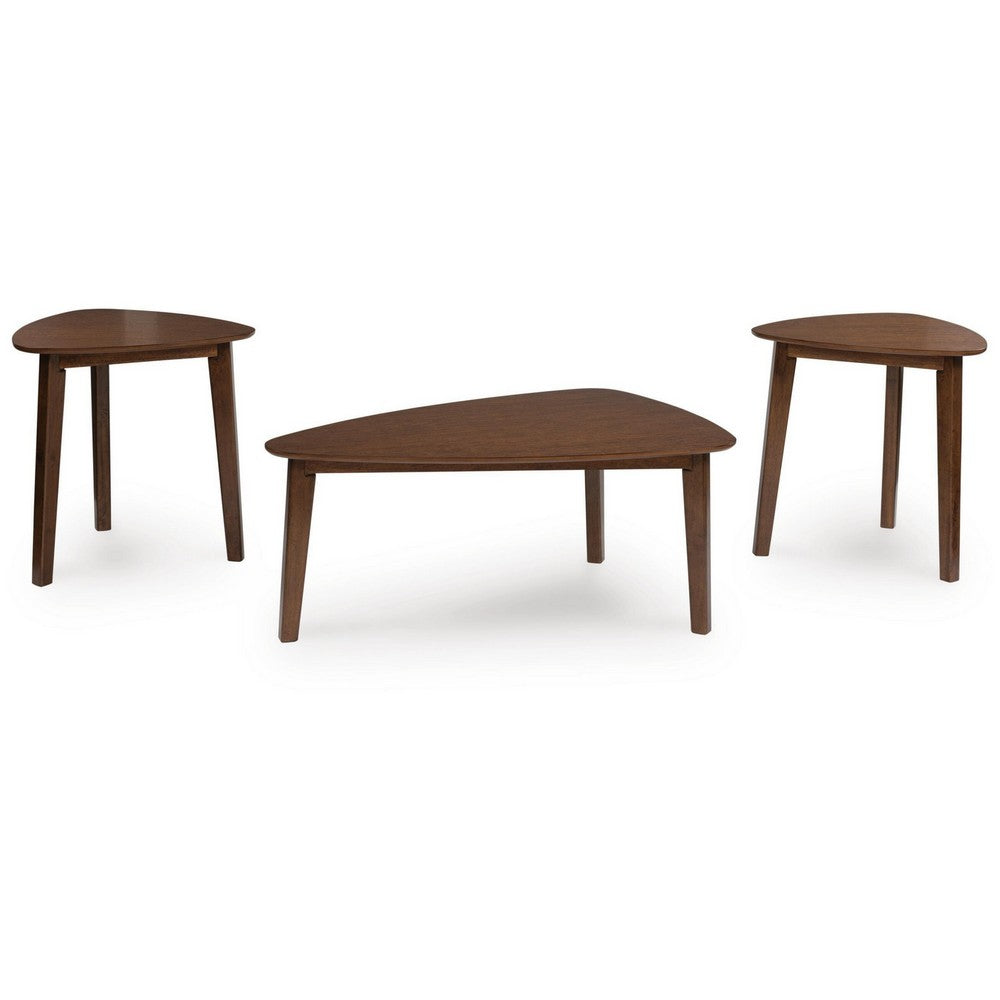 Jeyn 3pc Coffee Table Set with 2 End Tables, Triangular Top, Brown Wood-BM355670