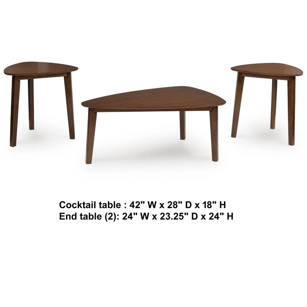 Jeyn 3pc Coffee Table Set with 2 End Tables, Triangular Top, Brown Wood-BM355670