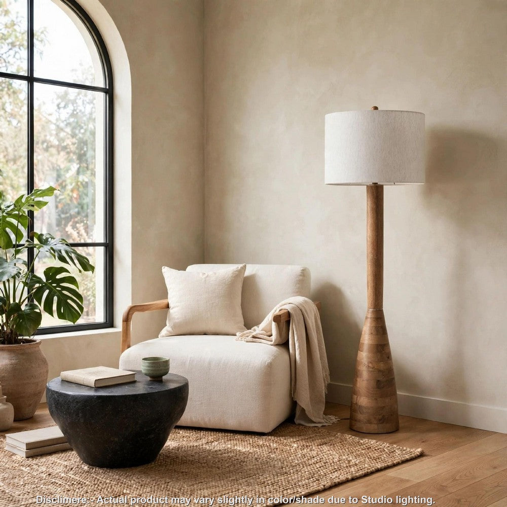 Aysa Floor Lamp with Fabric Drum Shade, Natural Brown Tapered Wood 60 Inch - BM355673