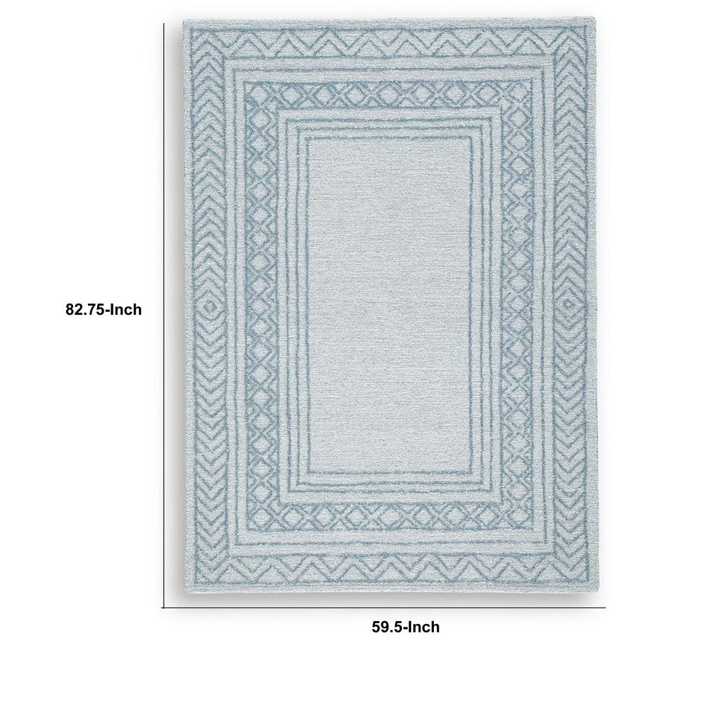 Hazel Hand-Tufted Medium Area Rug, Blue Geometric Border, Ivory-Gray Wool 5x7