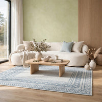 Hazel Hand-Tufted Medium Area Rug, Blue Geometric Border, Ivory-Gray Wool 5x7