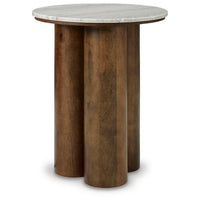 Ziana Cylindrical Accent Table with Beige Marble Top, Brown Wood 23 Inch - BM355676