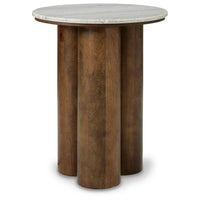 Ziana Cylindrical Accent Table with Beige Marble Top, Brown Wood 23 Inch - BM355676