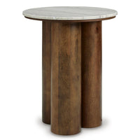 Ziana Cylindrical Accent Table with Beige Marble Top, Brown Wood 23 Inch - BM355676