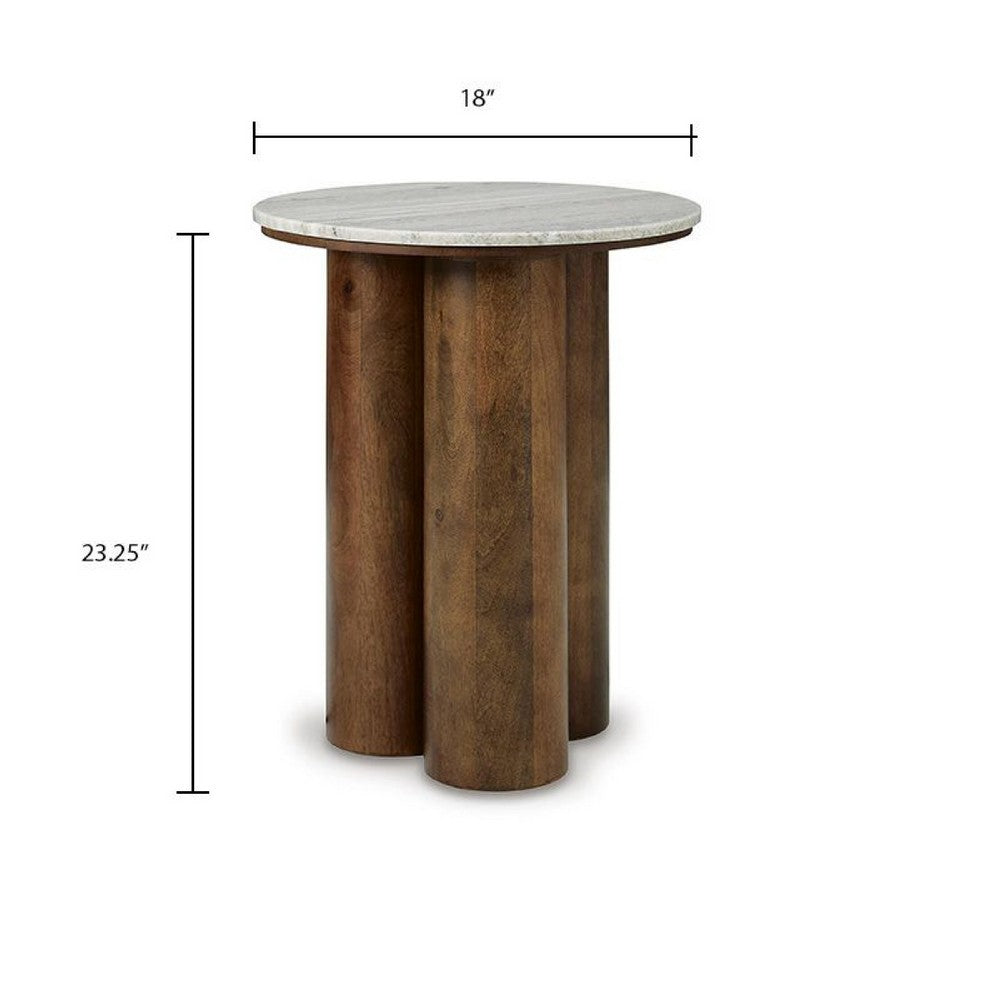 Ziana Cylindrical Accent Table with Beige Marble Top, Brown Wood 23 Inch - BM355676
