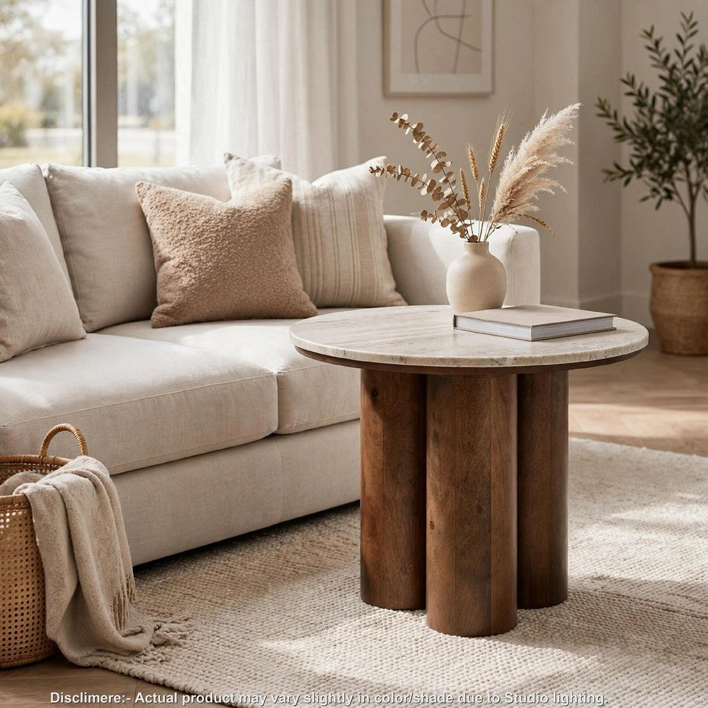 Ziana Cylindrical Accent Table with Beige Marble Top, Brown Wood 23 Inch - BM355676